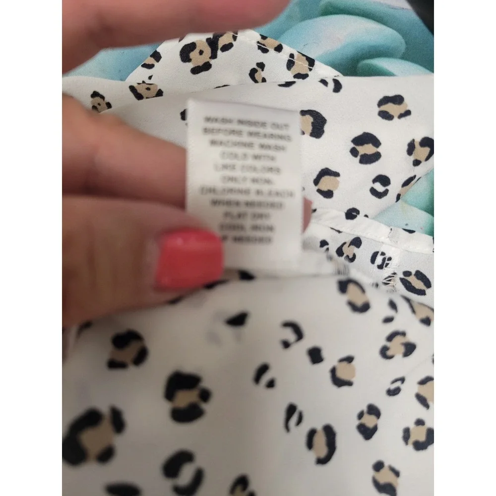 Elle Women XXL Leopard Print Bell Sleeve Blouse White Animal Spot Crew Neck Top